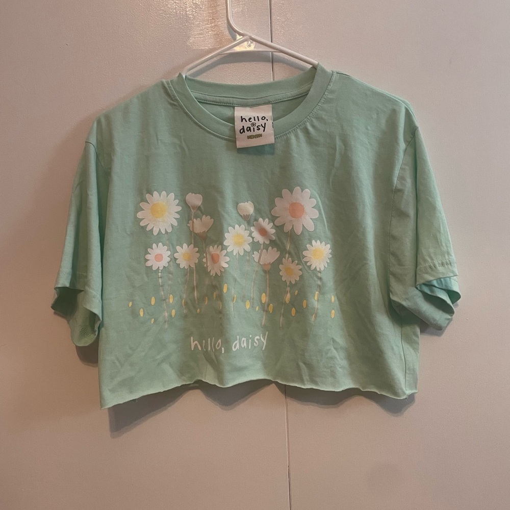 Green Floral Crop Top with Crew Neck